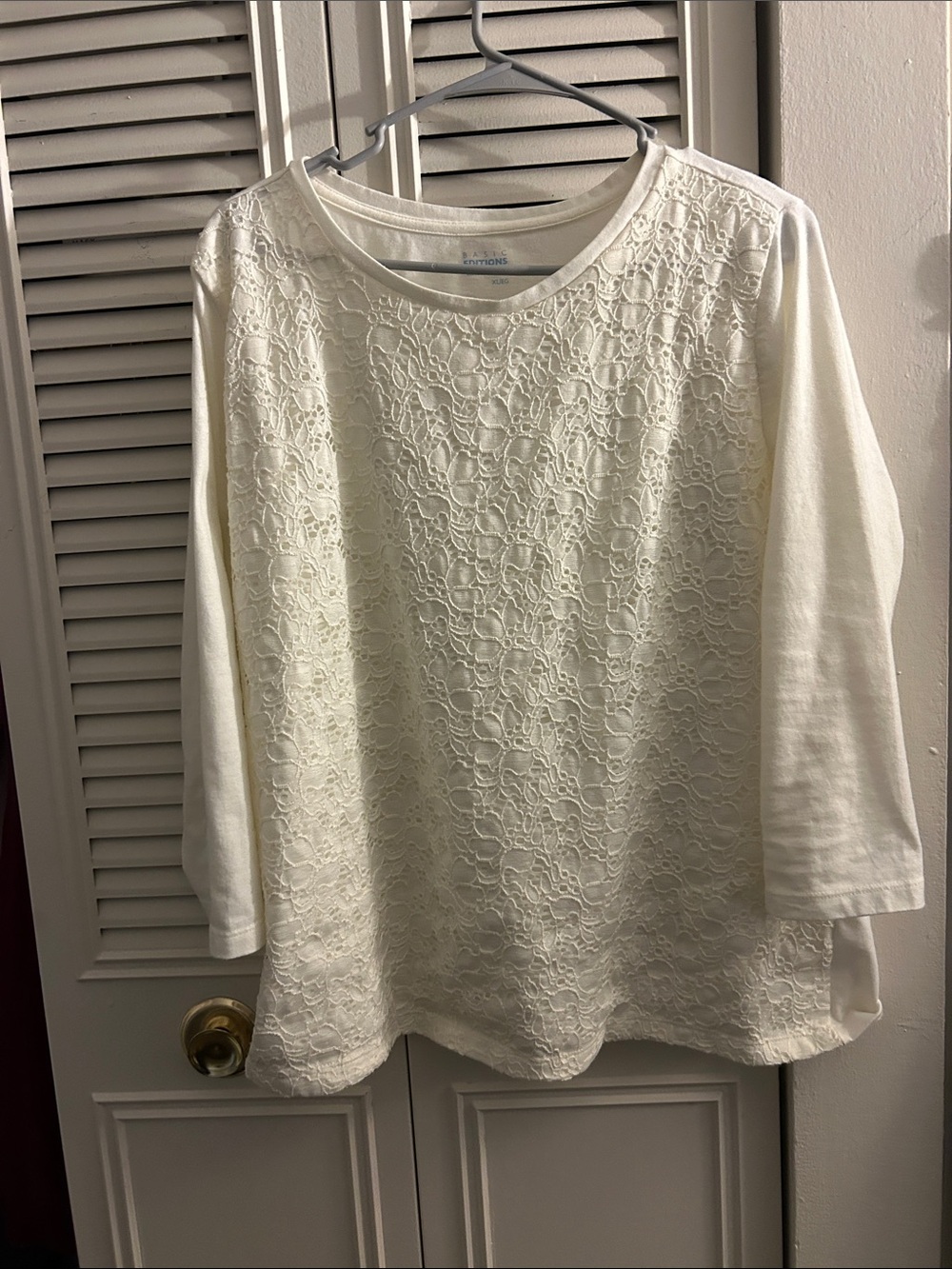 Basic Editions Cream Lace-Front Long Sleeve Top